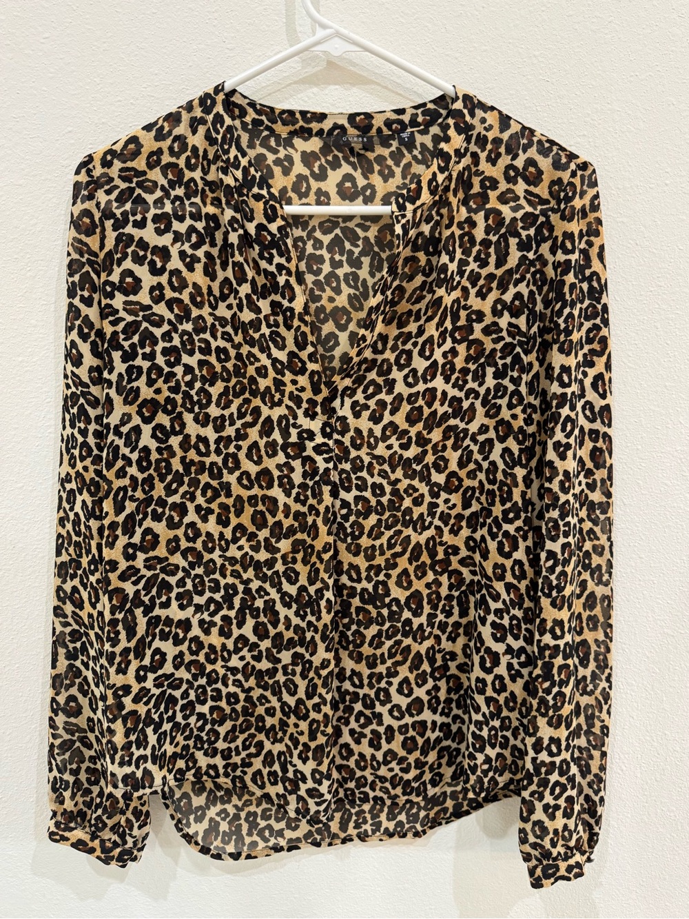 GUESS Leopard Print Sheer Chiffon Blouse Long Sleeve V-Neck Top